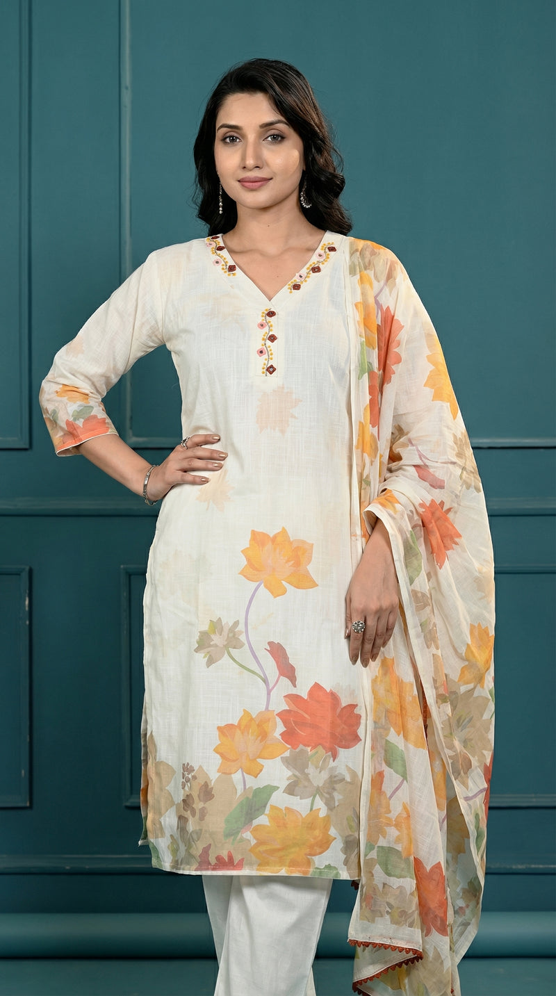 White Digital Print Cotton Kurta Set Women