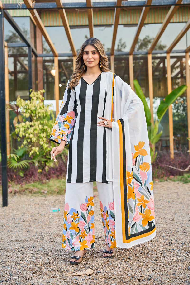 White digital print mal cotton kurta set front view