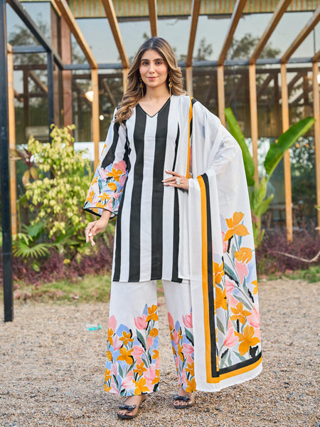 White digital print mal cotton kurta set front view