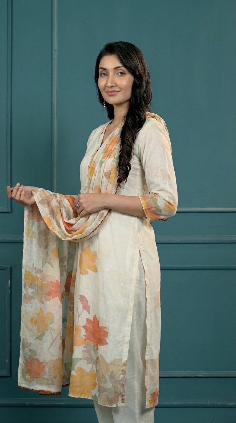 White Digital Print Cotton Kurta Set Women
