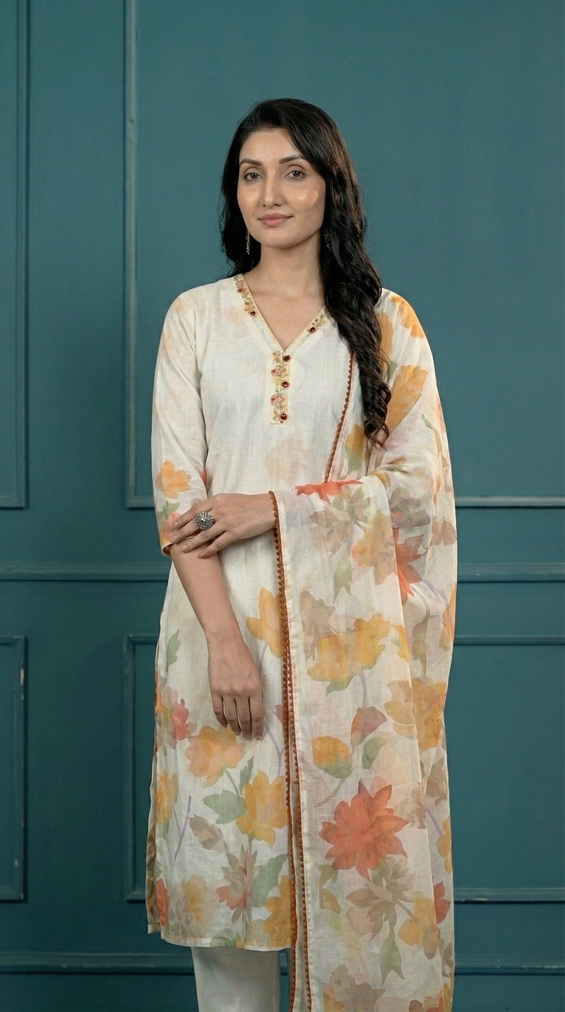 White Digital Print Cotton Kurta Set Women