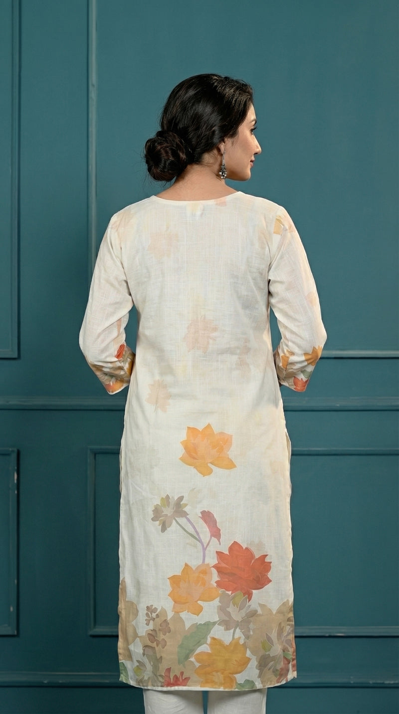 White Digital Print Cotton Kurta Set Women