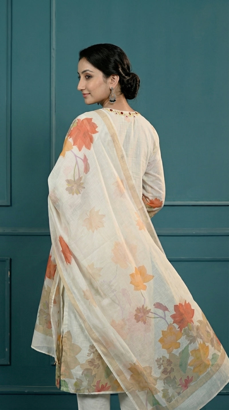 White Digital Print Cotton Kurta Set Women