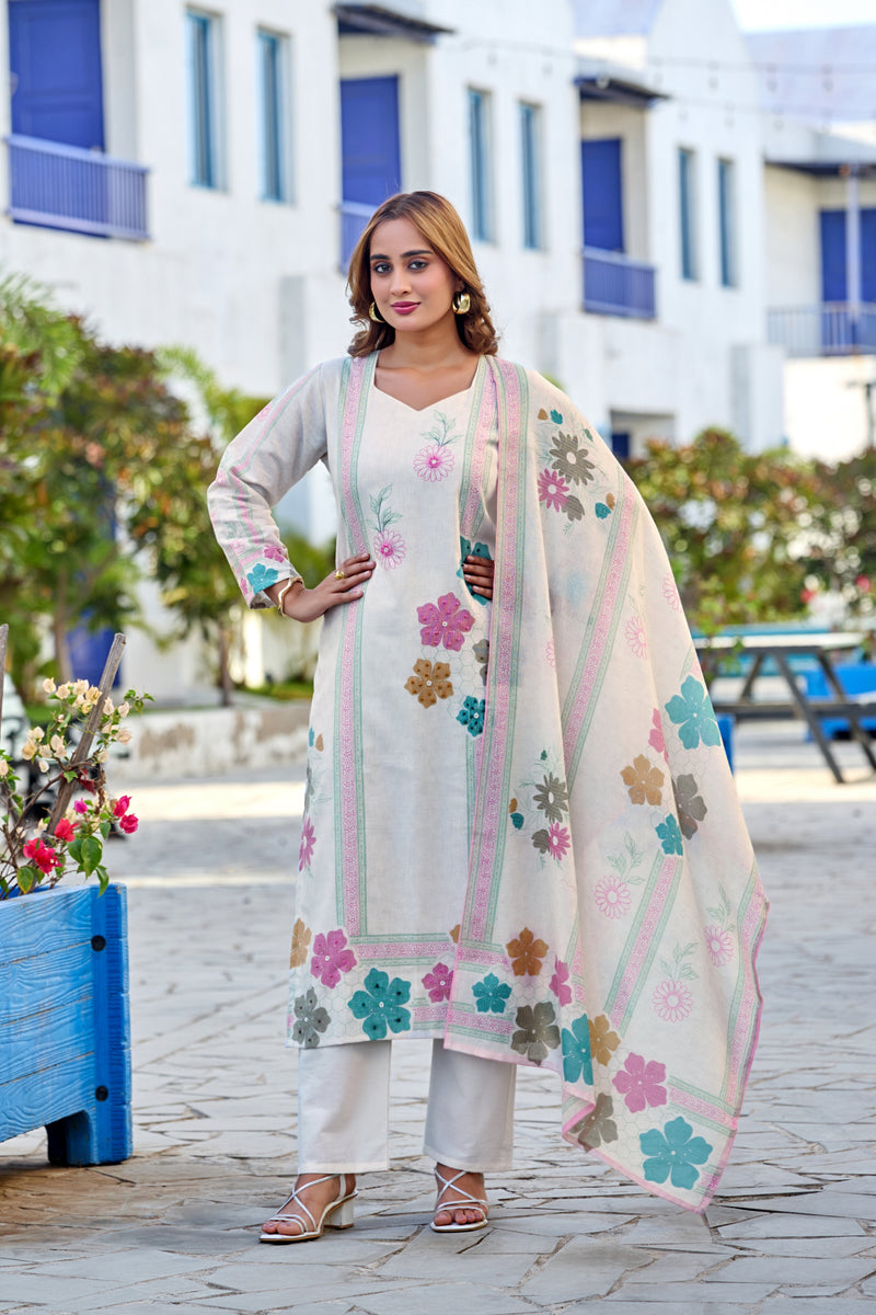 White Floral Digital Print Cotton Kurta Set