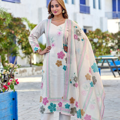 White Floral Digital Print Cotton Kurta Set