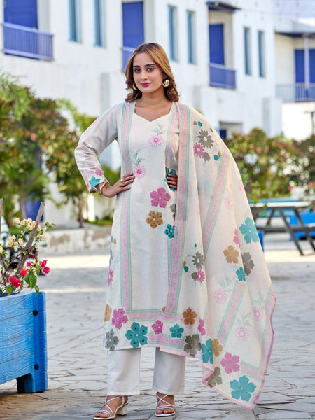 White Floral Digital Print Cotton Kurta Set