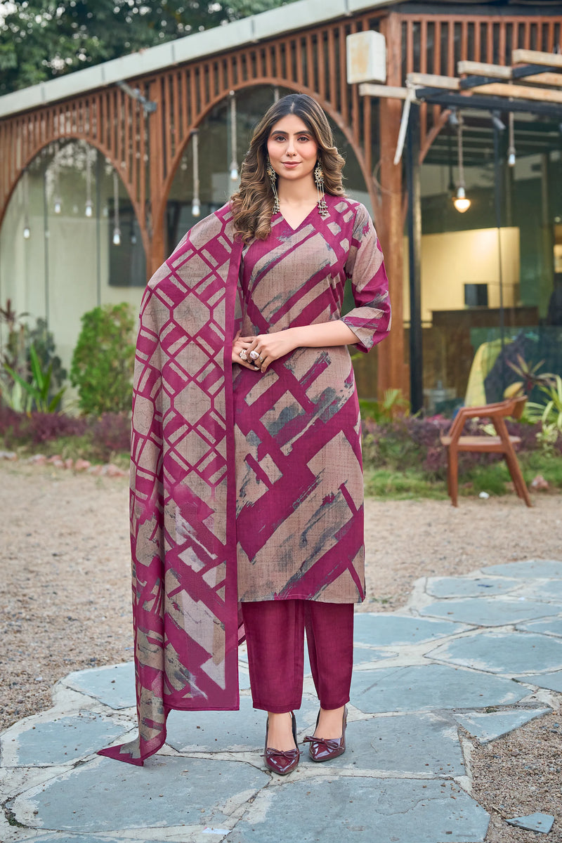 Abstract Printed Cotton Kurta Pant Dupatta Set