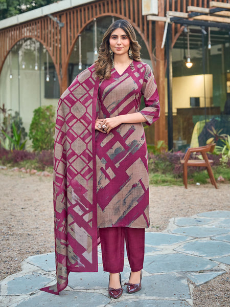 Abstract Printed Cotton Kurta Pant Dupatta Set