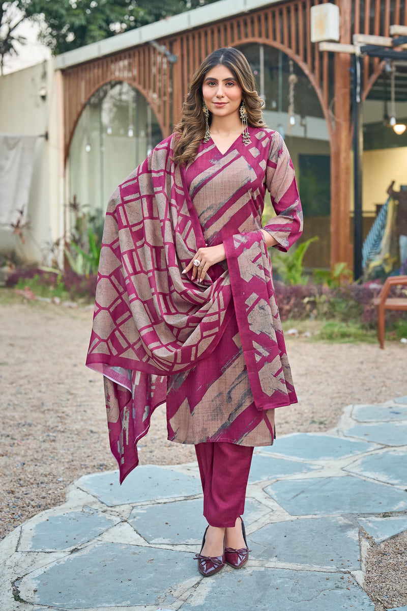 Abstract Printed Cotton Kurta Pant Dupatta Set