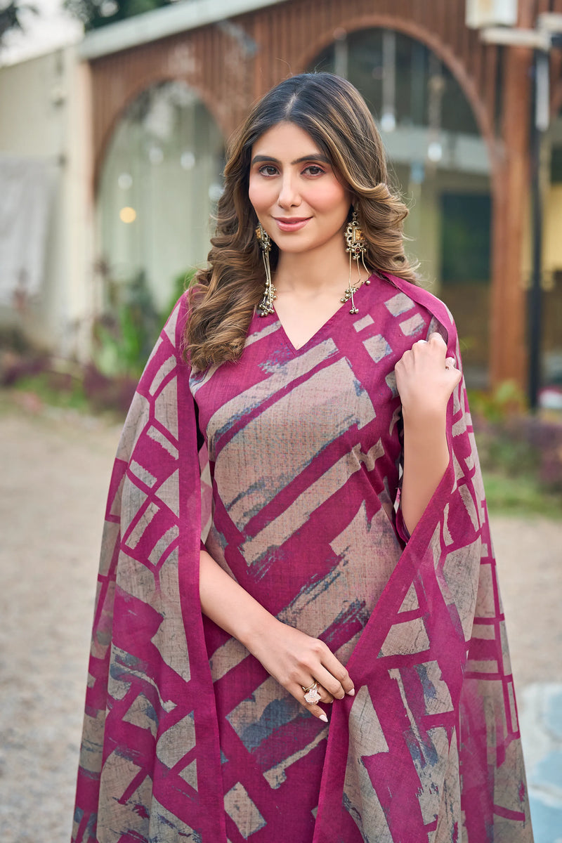 Abstract Printed Cotton Kurta Pant Dupatta Set
