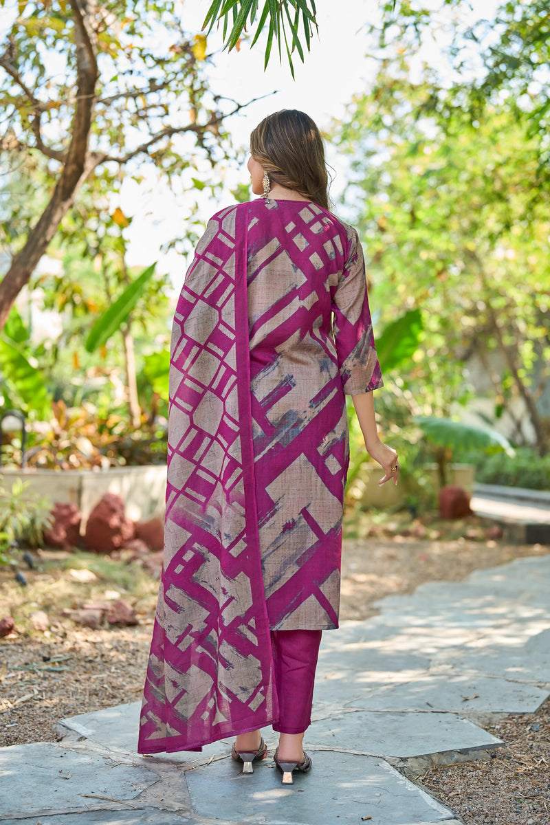 Abstract Printed Cotton Kurta Pant Dupatta Set