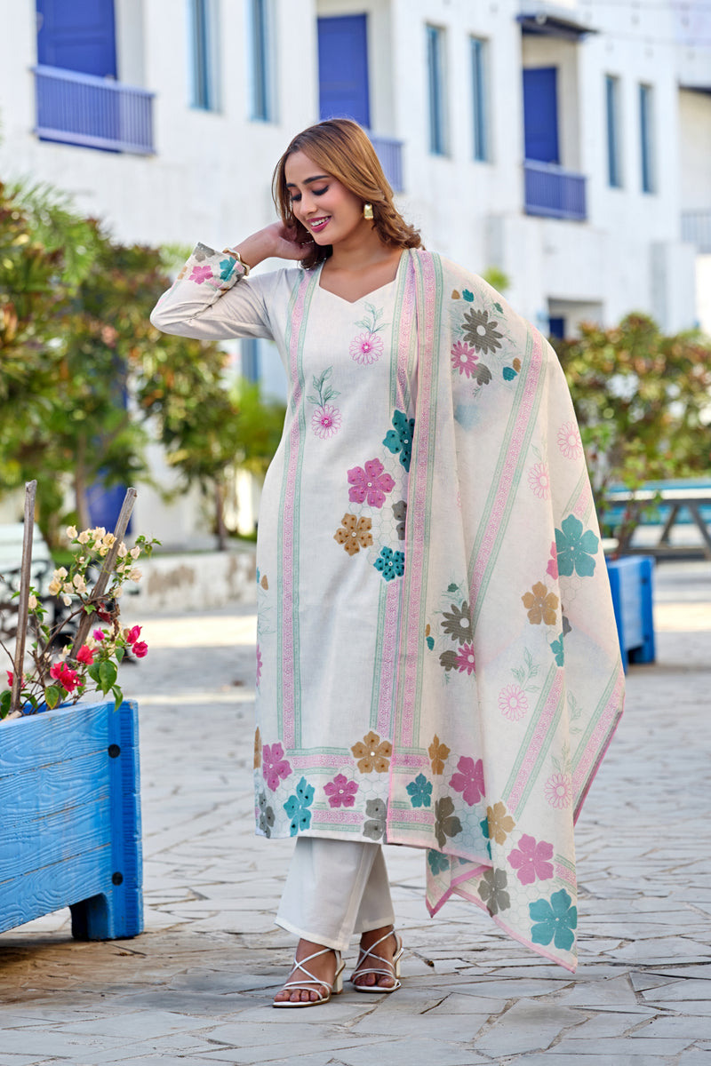 White Floral Digital Print Cotton Kurta Set