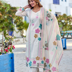White Floral Digital Print Cotton Kurta Set
