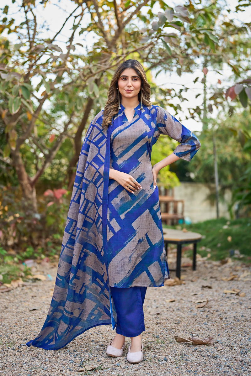 Abstract Printed Cotton Kurta Pant Dupatta Set