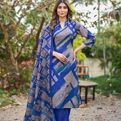 Abstract Printed Cotton Kurta Pant Dupatta Set