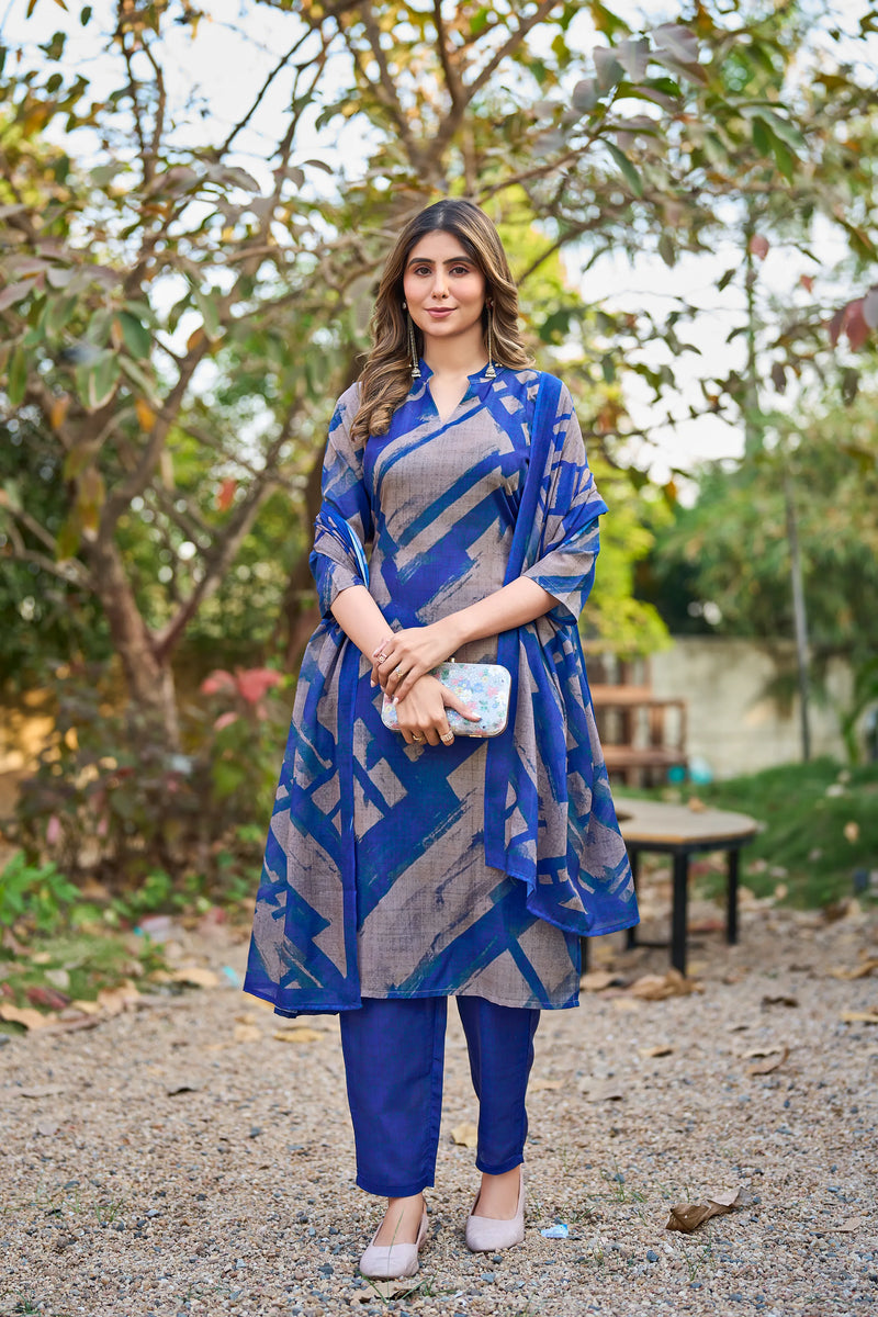 Abstract Printed Cotton Kurta Pant Dupatta Set