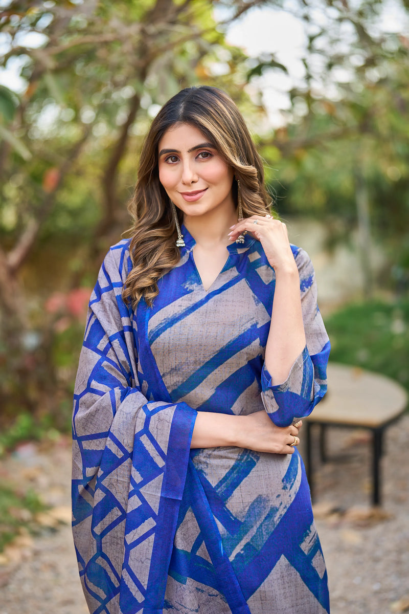 Abstract Printed Cotton Kurta Pant Dupatta Set