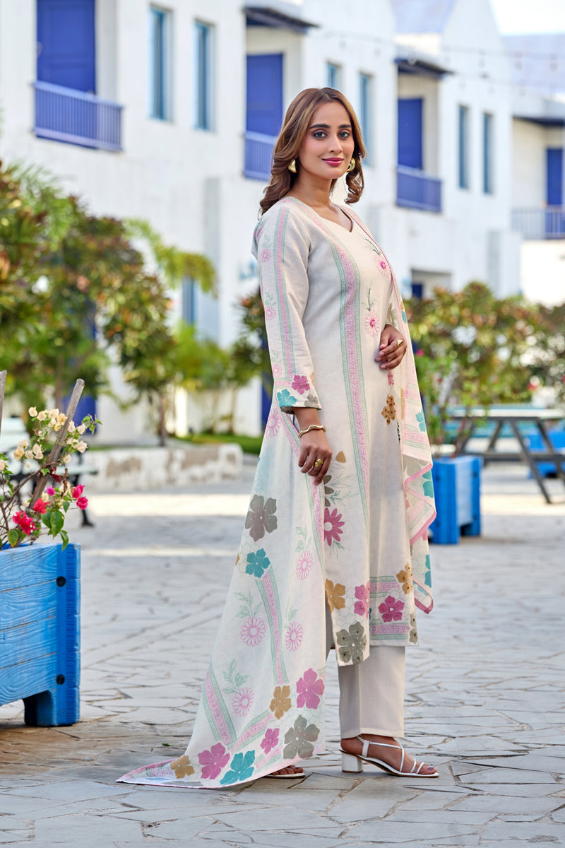 White Floral Digital Print Cotton Kurta Set