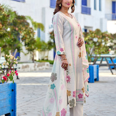 White Floral Digital Print Cotton Kurta Set