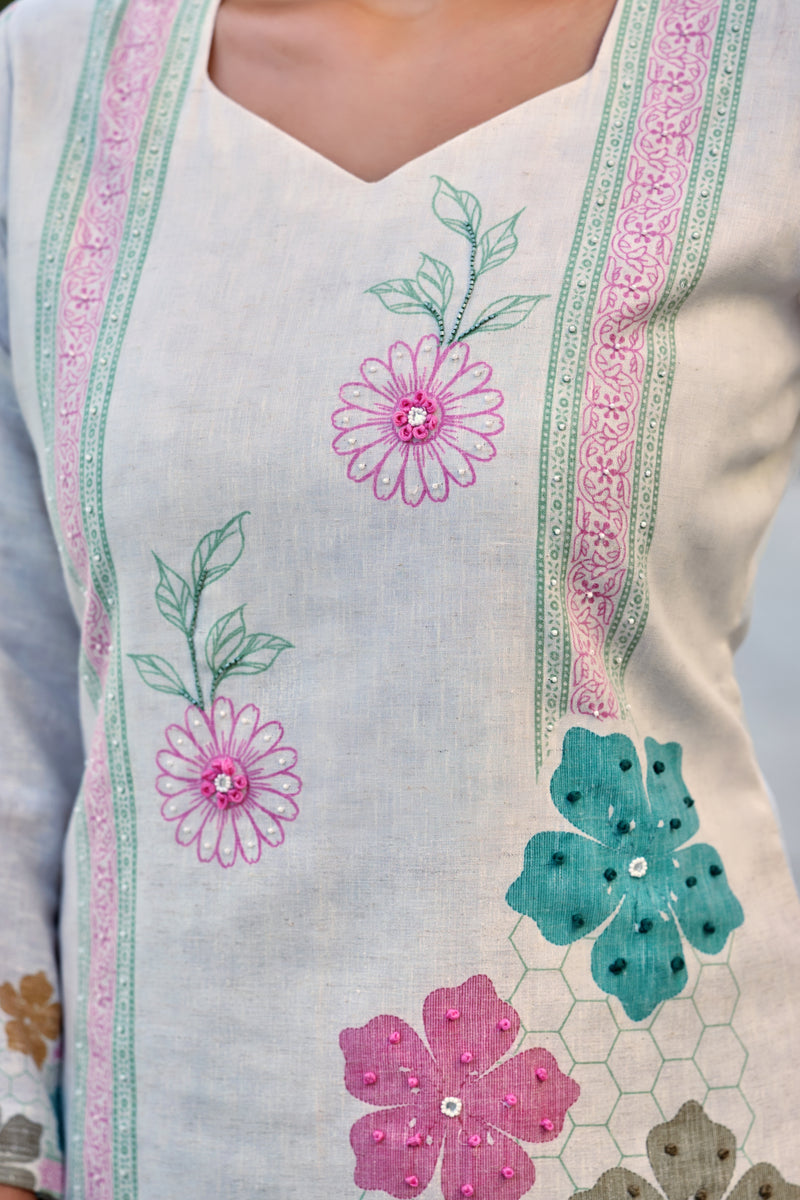 White Floral Digital Print Cotton Kurta Set