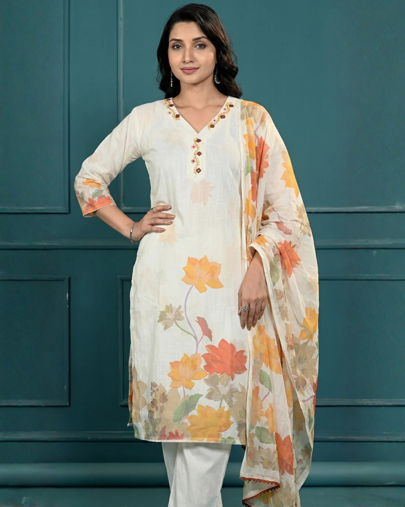White Digital Print Cotton Kurta Set Women