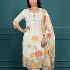 White Digital Print Cotton Kurta Set Women
