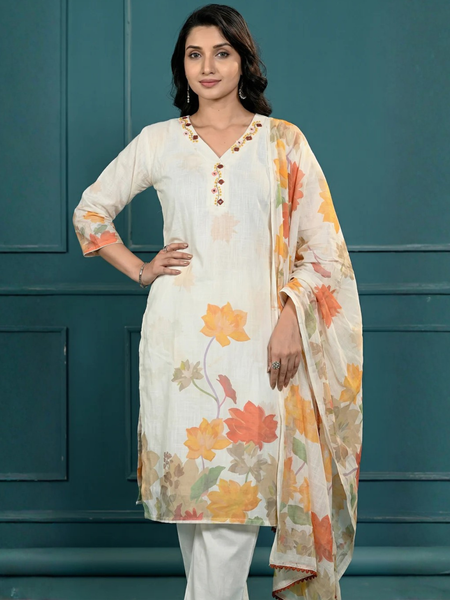 White Digital Print Cotton Kurta Set Women
