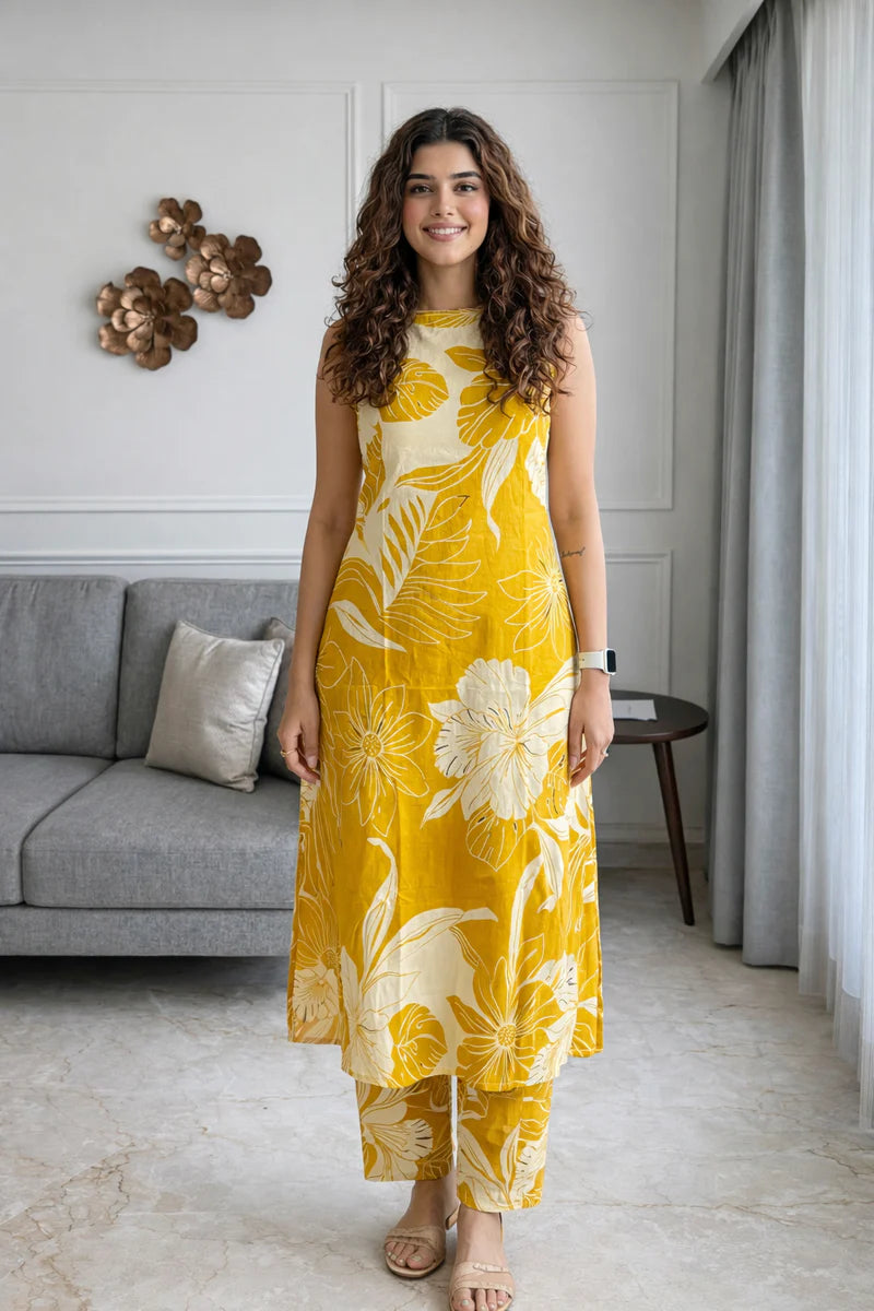 Yellow Floral Sleeveless Kurta Set