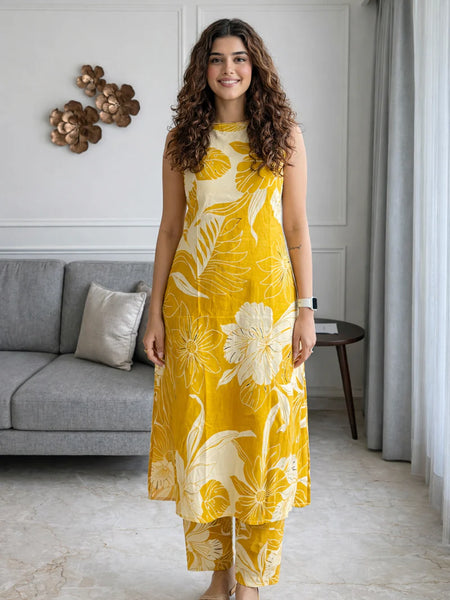 Yellow Floral Sleeveless Kurta Set