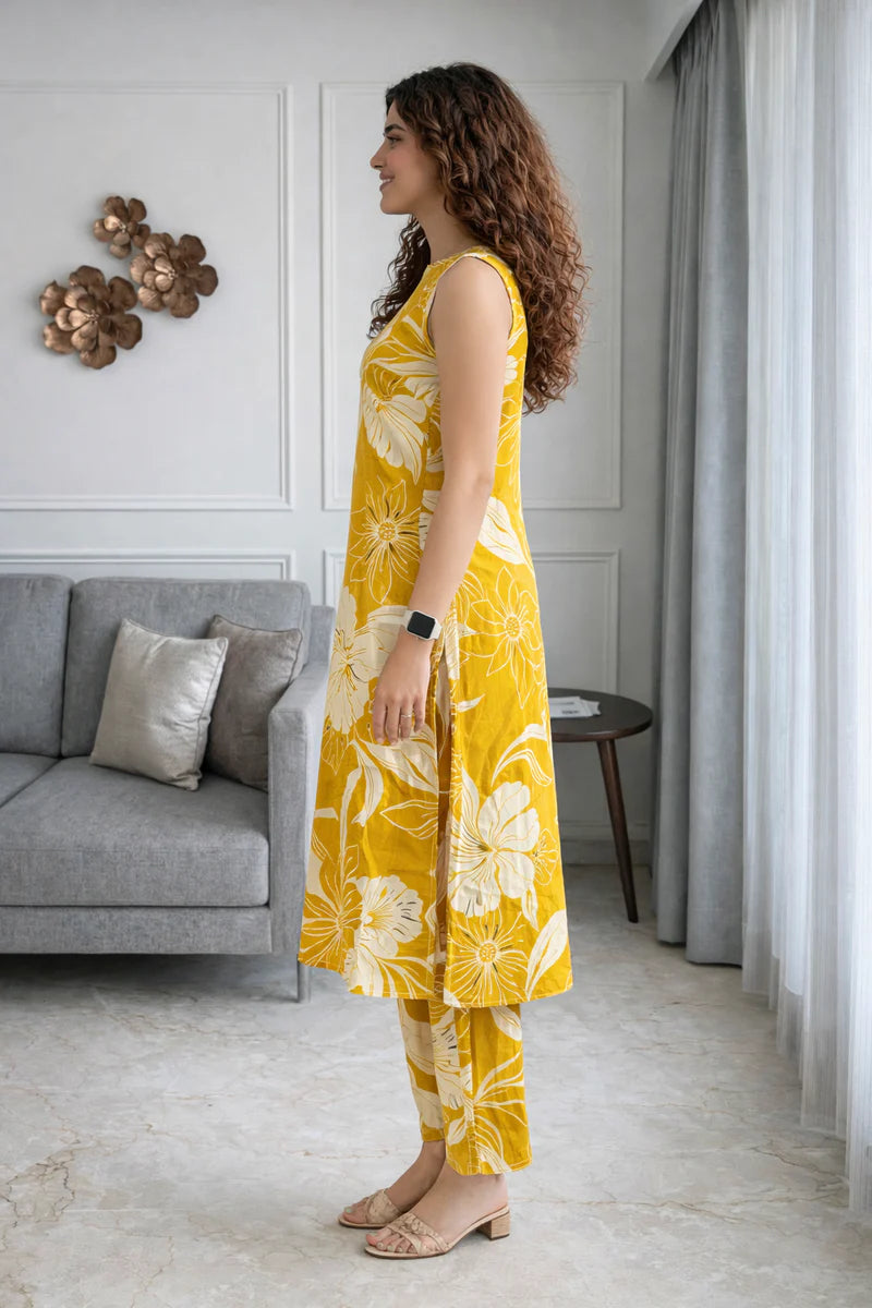 Yellow Floral Sleeveless Kurta Set