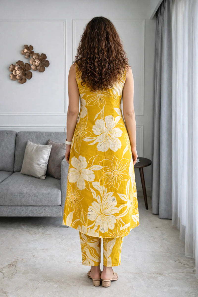 Yellow Floral Sleeveless Kurta Set