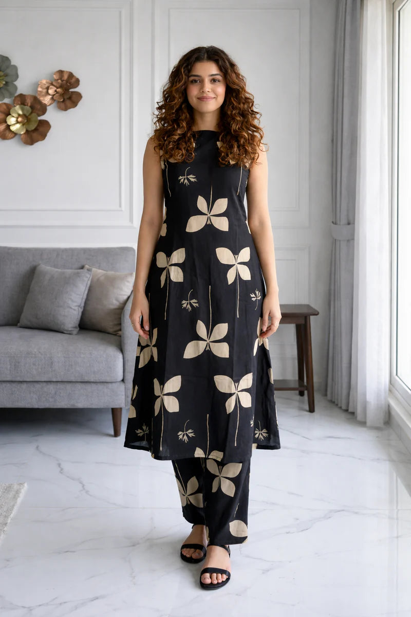 Black Floral Sleeveless Kurta Set