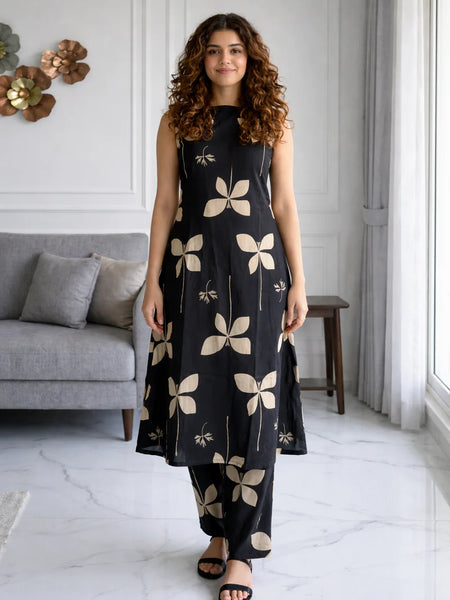 Black Floral Sleeveless Kurta Set