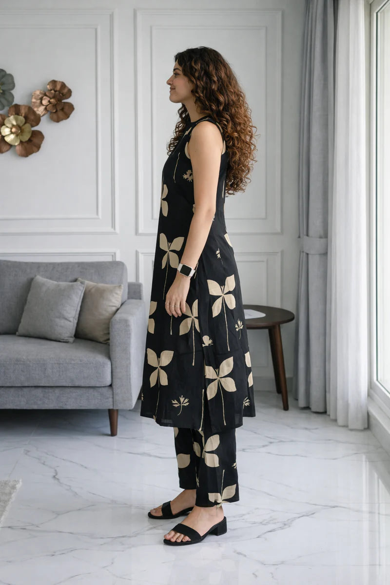 Black Floral Sleeveless Kurta Set