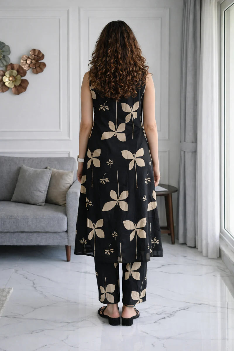 Black Floral Sleeveless Kurta Set