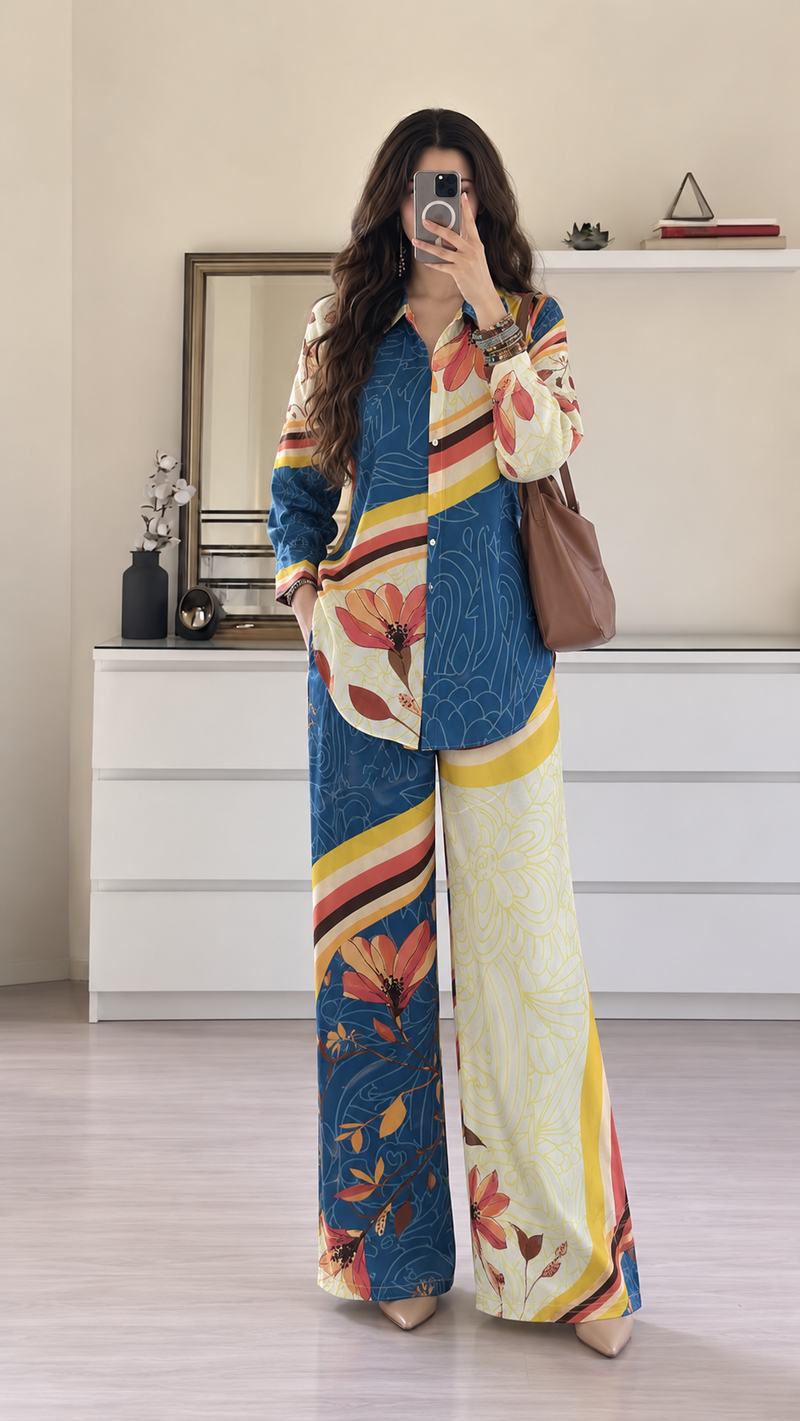 Women’s Blue Floral Printed Co-Ord Set with Wide-Leg Palazzo Pants