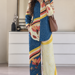 Women’s Blue Floral Printed Co-Ord Set with Wide-Leg Palazzo Pants