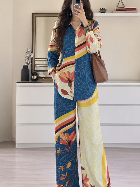 Women’s Blue Floral Printed Co-Ord Set with Wide-Leg Palazzo Pants