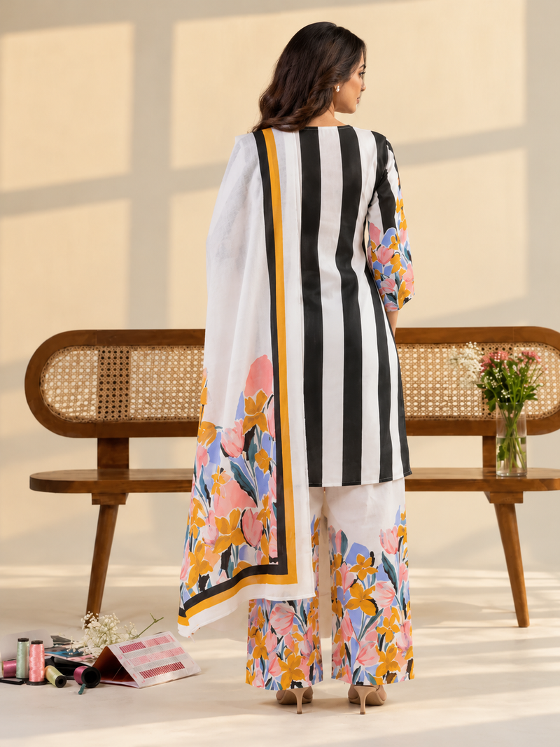White Floral Digital Print Cotton Kurta Set with Palazzo Pants & Dupatta