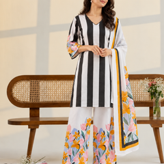 White Floral Digital Print Cotton Kurta Set with Palazzo Pants & Dupatta