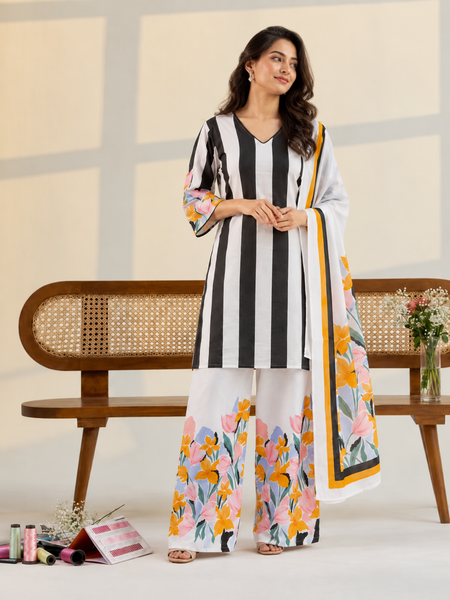 White Floral Digital Print Cotton Kurta Set with Palazzo Pants & Dupatta