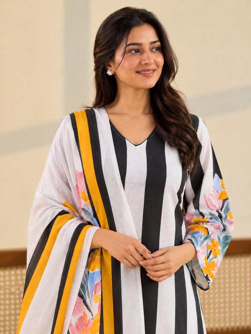 White Floral Digital Print Cotton Kurta Set with Palazzo Pants & Dupatta
