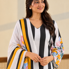 White Floral Digital Print Cotton Kurta Set with Palazzo Pants & Dupatta