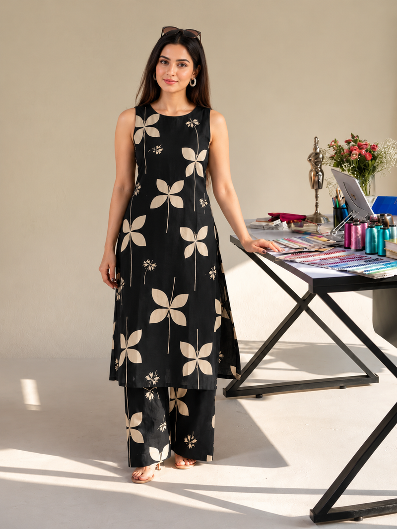 Black Floral Sleeveless Kurta Set