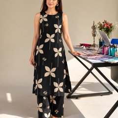 Black Floral Sleeveless Kurta Set