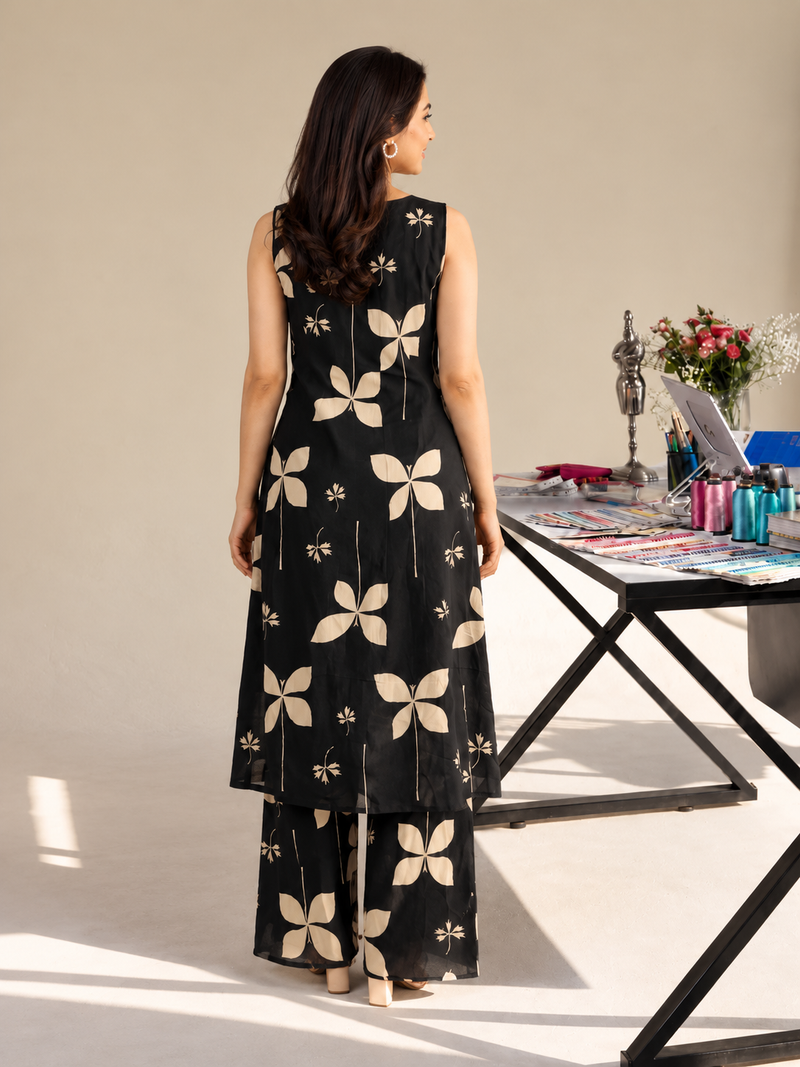Black Floral Sleeveless Kurta Set