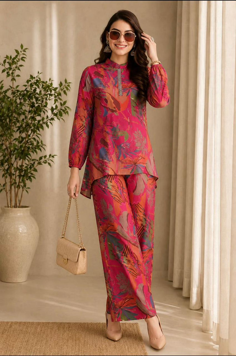 Premium Pink Floral Printed Co-Ord Set for Women