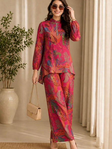 Premium Pink Floral Printed Co-Ord Set for Women