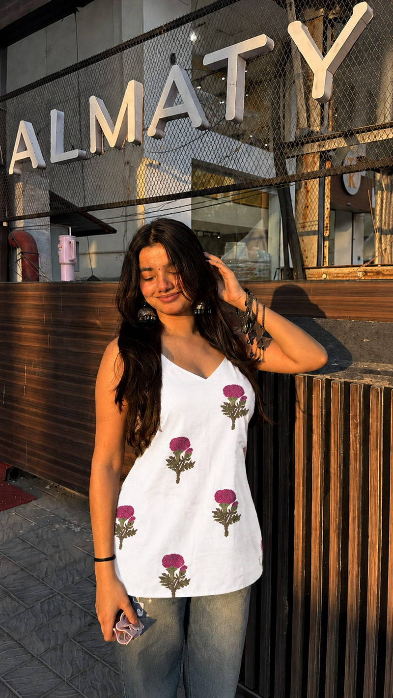 White Floral Sleeveless Cotton Top