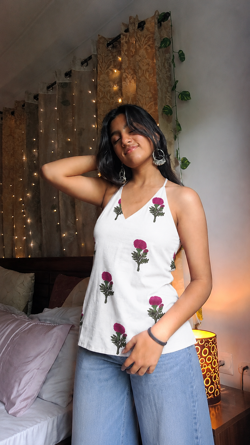 White Floral Sleeveless Cotton Top